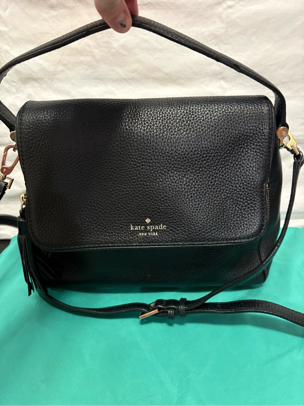 kate spade Black Pebbled Leather Shoulder Bag with Tassel